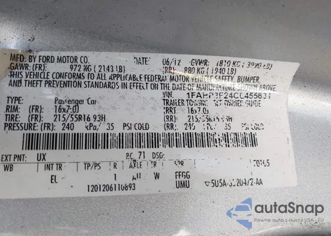 2012 Ford Focus Se z USA, uszkodzony, nr VIN 1FAHP3F24CL455631